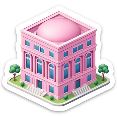 isometric style large pink building or bank with tall rectangular windows and round groundplan, emoji style, more architectural details sticker
