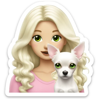 pale blond girl with wavy long platinum white hair with bright green eyes holding a white chihuahua that wearing a pink bow sticker