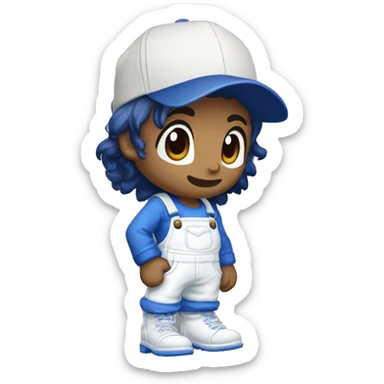 Black messy hair, white overalls, blue long sleeve shirt, Blue eyes, Brown shoes, white gloves, S in the blue cap logo, Smg4, Tan sticker