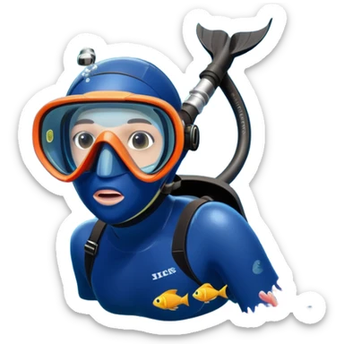 An icon featuring a close-up of a freediving mask and snorkel, with a breath-holding diver's fins, set against a vibrant underwater world. The design includes coral reefs, fish, and bubbles, symbolizing the serene beauty and thrill of freediving. Transparent background highlights the calm sticker
