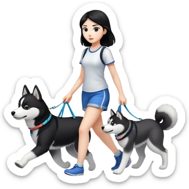 A black-haired girl walking a black and white husky sticker