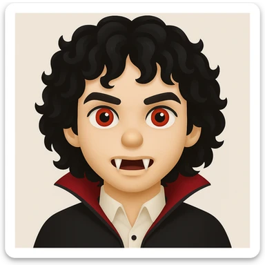 Create an image of a vampire boy with medium-length curly black hair and more prominent fangs in an emoji style. The style should resemble emoji aesthetics but use the general editing model for best results. sticker