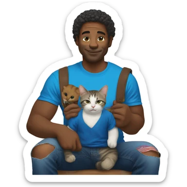 american rich in blue t-shirt with a baby cat on his shoulder sticker