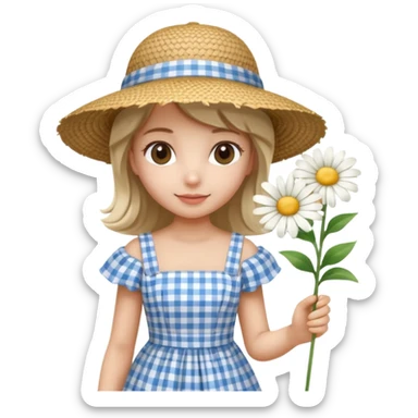 a girl in a blue checkered dress with a big straw hat, holding daisies, back view, smooth shading, minimalistic background, 3D iOS Apple emoji style sticker