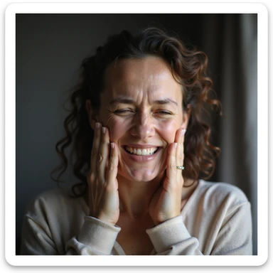 Donna con PCOS che mostra gioia e sollievo perché ha finalmente il ritorno del ciclo mestruale, espressione felice, mani sul viso o gesto di esultanza, ambiente realistico, dettagli iperrealistici 4K, formato verticale 9:16. sticker