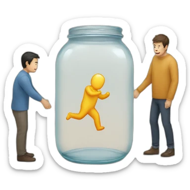 a glass jar standing on the floor between two man's feet sticker