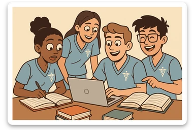 four nursing students working together, studying together, books and laptops, modern flat style sticker