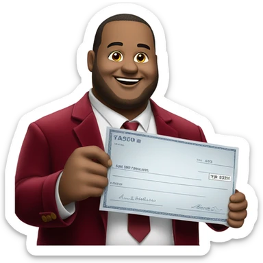 fat guy in dark red velvet suit holding cheque sticker