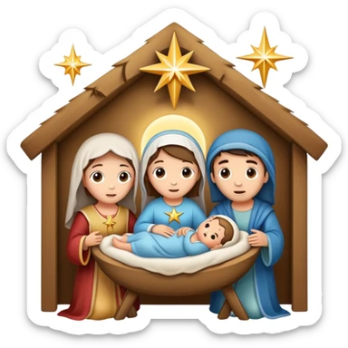 Nativity scene with baby Jesus in a manger, Mary, Joseph, and star above sticker