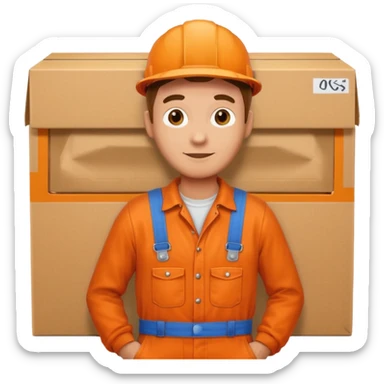 man orange overalls carrying a large box in front of him sticker