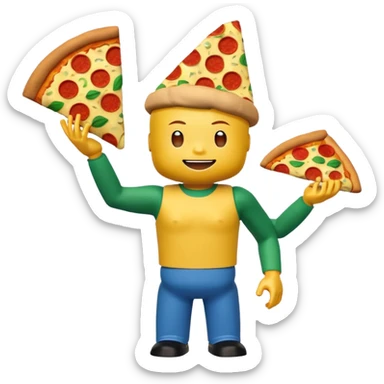 A roblox avatar yellow head arms blue troso green legs and a whole pizza on his head sticker