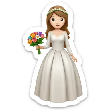 Chica blanca, cabello castaño, recogido en moño alto con mechones, vestido novia de manga larga, cuerpo entero, ramo de flores en una mano, cola trasera sticker