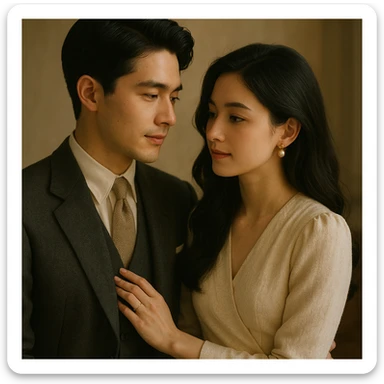 gentle and romantic couple with black hair, old money style, elegant clothing, subtle luxury, soft lighting sticker