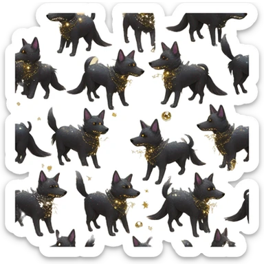 Black iridescent dog fox zombie skeleton gold mechanical nebula galaxy stars flowers fairy lights vintage sticker