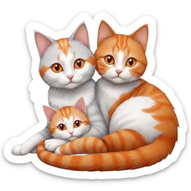 full body of a grey and white cat cuddling a very small + skinny ginger and white kitten with deep orange eyes and triangular shaped face lying down sticker
