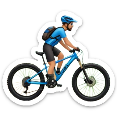 An icon featuring a mountain bike standing on a scenic trail. The background showcases majestic mountains, lush green valleys, and a bright blue sky with fluffy clouds. The sun casts warm light over the landscape, emphasizing the beauty of outdoor cycling. Transparent background sticker