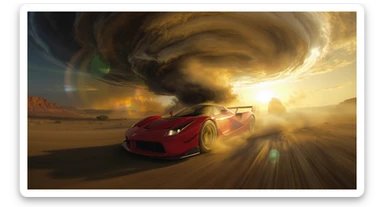 Cinematic still of a ferrari f40 around tornado od arizona desert, sun flare, big earth in background, captured by gopro hero with effect fisheye sticker