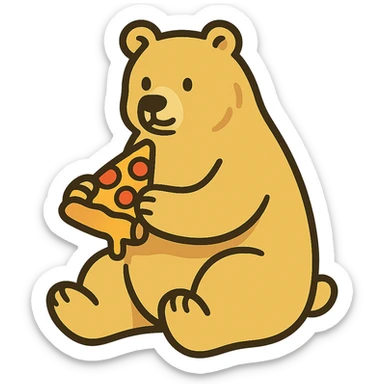 flat toon style blonde grizzly bear sitting, full body, holding a slice of cheese pizza sticker