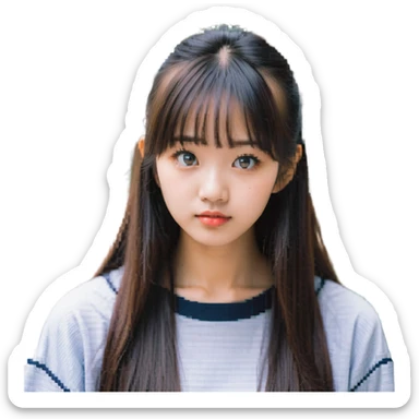 Pixel art of Asian girl, thin bangs, long hair, round eyes, no double eyelids, college student outfit, humorous expression sticker