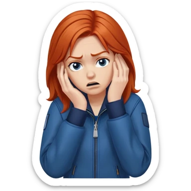 Redhead girl with mid length hair in blue jacket angry facepalm sticker