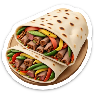 Cinematic Realistic Shawarma Dish Emoji, showcasing spiced, succulent meat wrapped in flatbread with fresh vegetables rendered with lifelike detail and dynamic, appetizing lighting. sticker