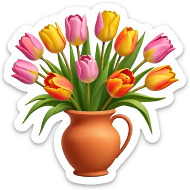 Bouquet of orange, pink, and yellow tulips in terracotta vase sticker