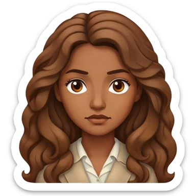 "- Nữ
- 30 tuổi
- Da nâu
- Tóc xoăn nhẹ màu nâu, dài 
- Mặt nghiêm túc
" sticker