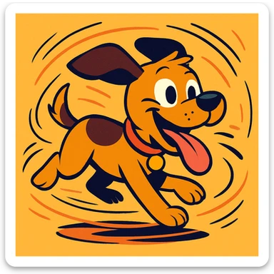 cartoon puppy dashing in circles with wild energy, tongue out, exaggerated motion lines, vibrant colors sticker