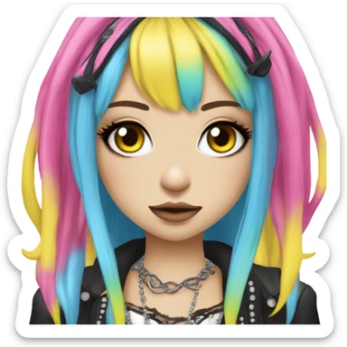 Blue eyed long eye lashes pout blonde and pink hair pale hime gyaru girl, hot pink and yellow split-dyed hair, nose ring, elf ears, dark makeup, punk clothes sticker