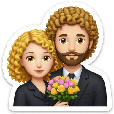 curly haired girl with yellow eyes and hair parted from the right side, with a handsome bearded man holding a bouquet, charming sticker