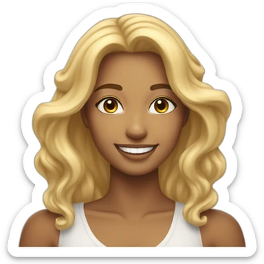 a beautiful woman, in the representation of the One who loves God, has a big smile, stares at the camera in front of her, her hair is blond and long sticker