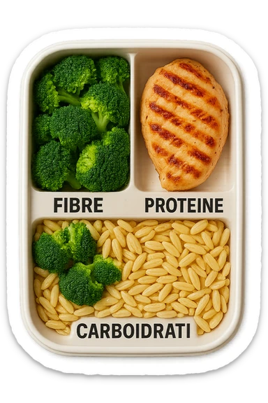 EMOJI STILE IPHONE DI una schiscetta vista dall'alto con 3 porzioni ben distinte: nelle porzioni scrivi le parole FIBRE, PROTEINE, CARBOIDRATI, iperrealistica 4k sticker