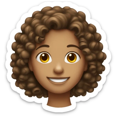 a girl with curly brown hair and a button nose smiling sticker