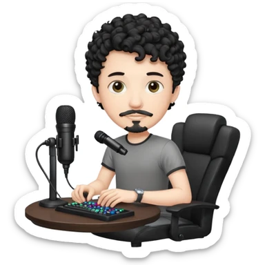 a setup of a youtuber his blach curly short hair, white skin, a thin goatee, with a desktop pc on a table, a gaming chair, microphone, ring light sticker