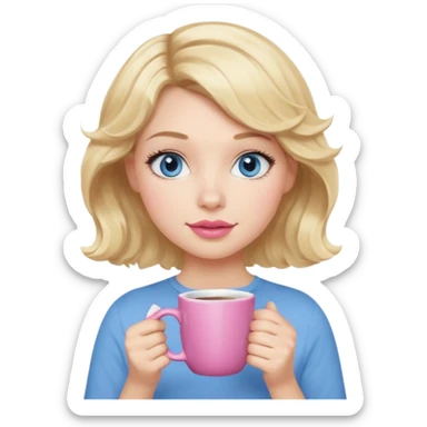 Girl Blonde short wavy hair,  blue eyes, cute blue top, long lashes, pink lips, holding coffee mug sticker