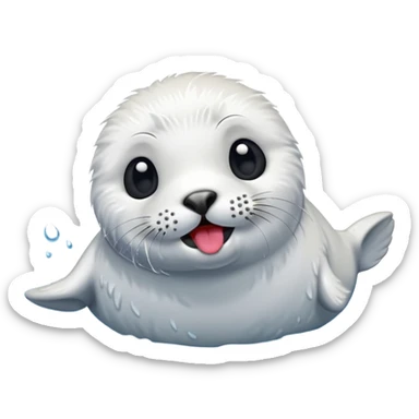 A fluffy, all-white furred, tiny seal having fun in the lake while sticking his tongue out. sticker
