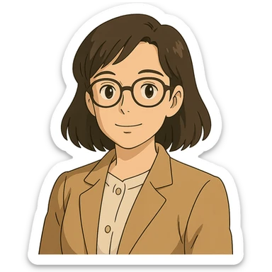 profesora de cabello castaño oscuro hasta los hombros con gafas, fondo neutro sticker