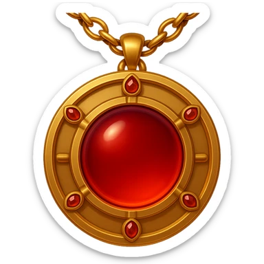 Make the garnet round and glowing wine-red, enchanted talisman of resilience, love, and becoming, golden chain, ethereal and moving, in emoji style sticker