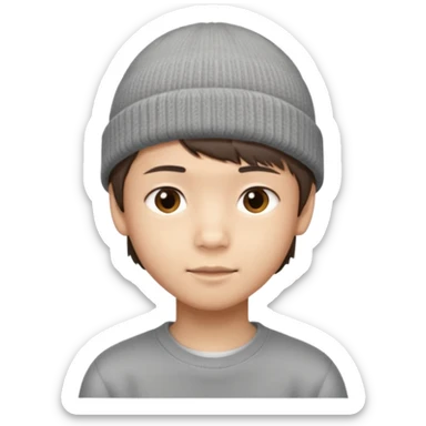 Asian boy, 14, short brown hair, side bangs, grey beanie sticker
