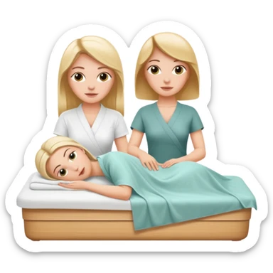 White girl cowered in sheet on spa bed relaxing while getting massage from woman sticker