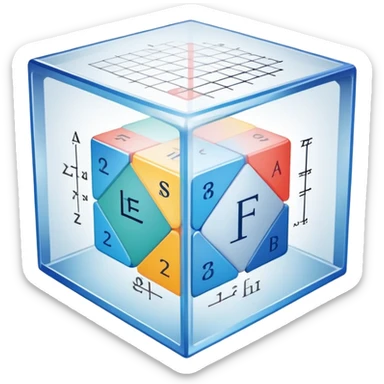 An icon featuring a transparent cube with geometric sections and mathematical calculations, symbolizing the study of mathematics. The design includes algebraic formulas, graphs, and mathematical symbols, representing advanced mathematical concepts and problem-solving. Transparent background sticker