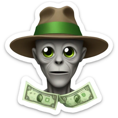 A gray alien wearing a brown hat with a green banknote on it sticker