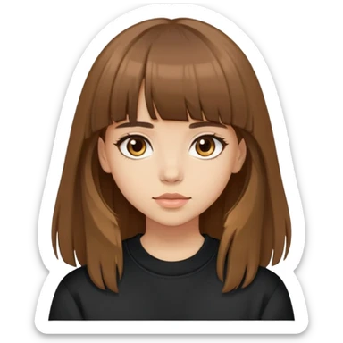 Light skinned girl with brown eyes, long brown hair with bangs, wearing a black sweatshirt sticker