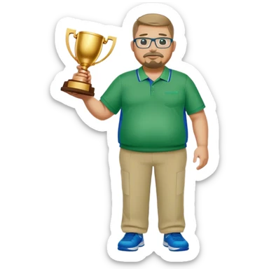  full body white obese male basketball coach with trophy. Goatee , Wearing glasses and blue and green nike polo shirt and khaki pants sticker