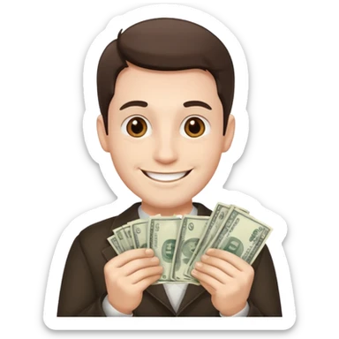 Make an emoji of a photorealistic adult man holding money in his hands. He has a smile on his face. He looks like an adult. the skin should be white. 4 options sticker