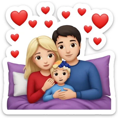 two people cuddling in bed. man has dark hair. woman is blonde. hearts surrounding them. sticker