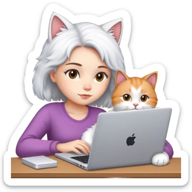 A girl is working hard on a laptop with a cat next to it sticker