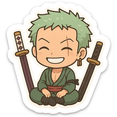 Zoro from One Piece in chibi cartoon style, sitting cross-legged, swords beside him, smiling sticker