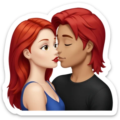 Long red hair woman kissing cute tan guy with short dark hair sticker