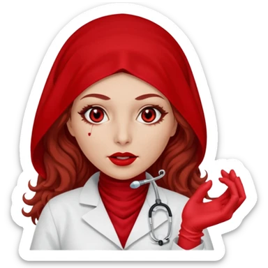 Lilith scalpel in hand, evil surgeon sexy surgeon clothes.  She has red eyes. She brown long curly hair. Wears sexy doctor outfit with red gloves. Wears red burka Covers mouth neck and nose with red burka to hide her identity sticker